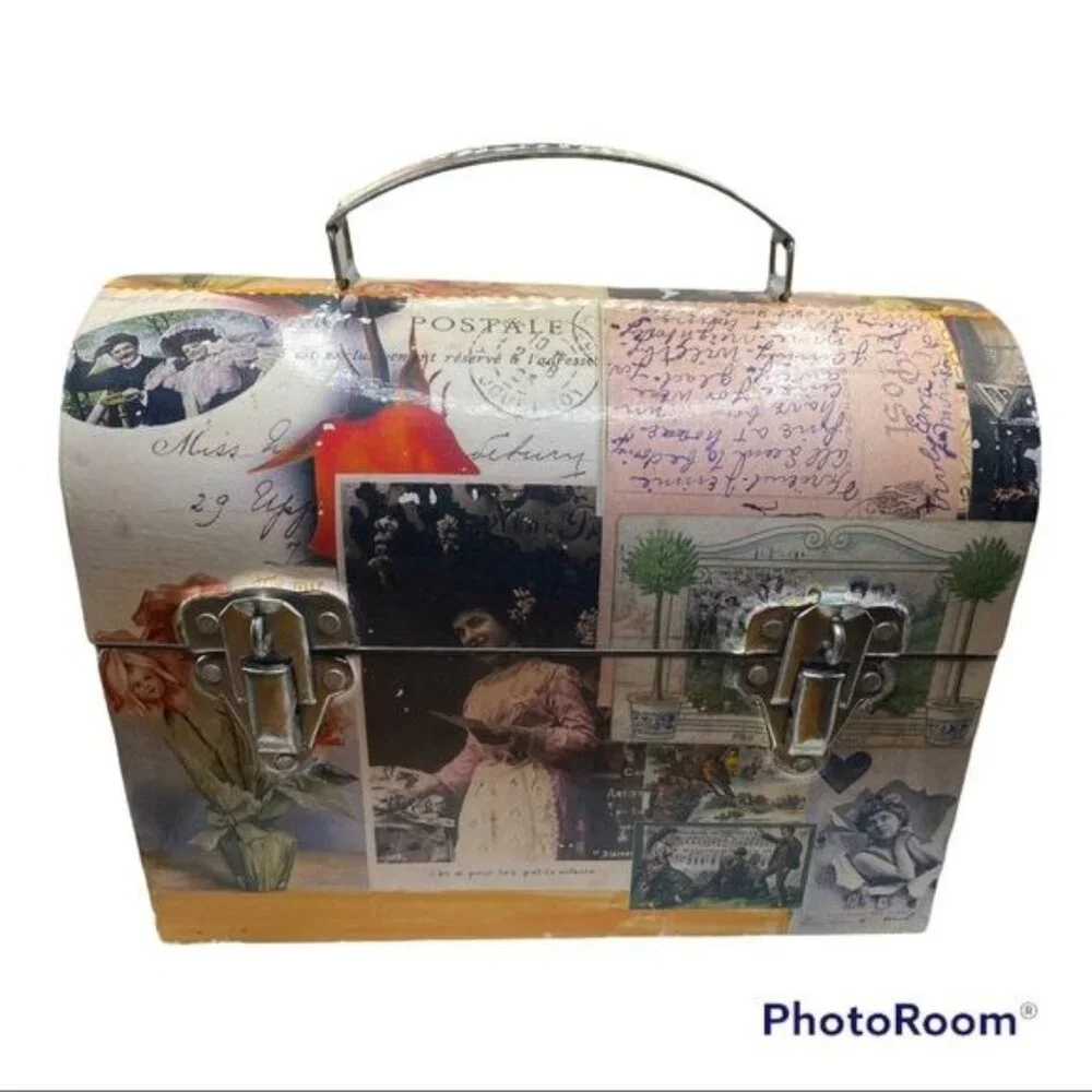 Decorative Postage Vintage-Style Collage Domed‎ Storage Box Handle & Latch